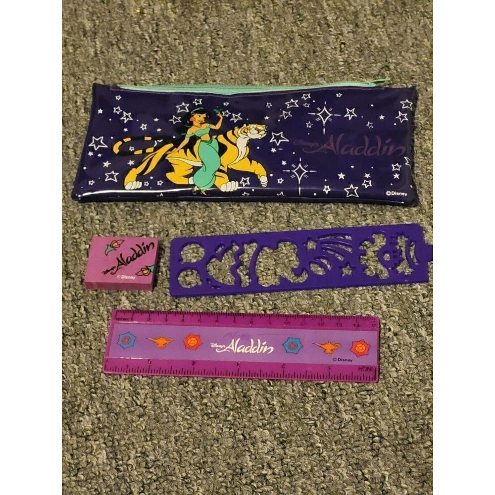 VTG Disney  Aladdin Princess Jasmine Rajah PVC Plastic Pencil Case Ruler Eraser